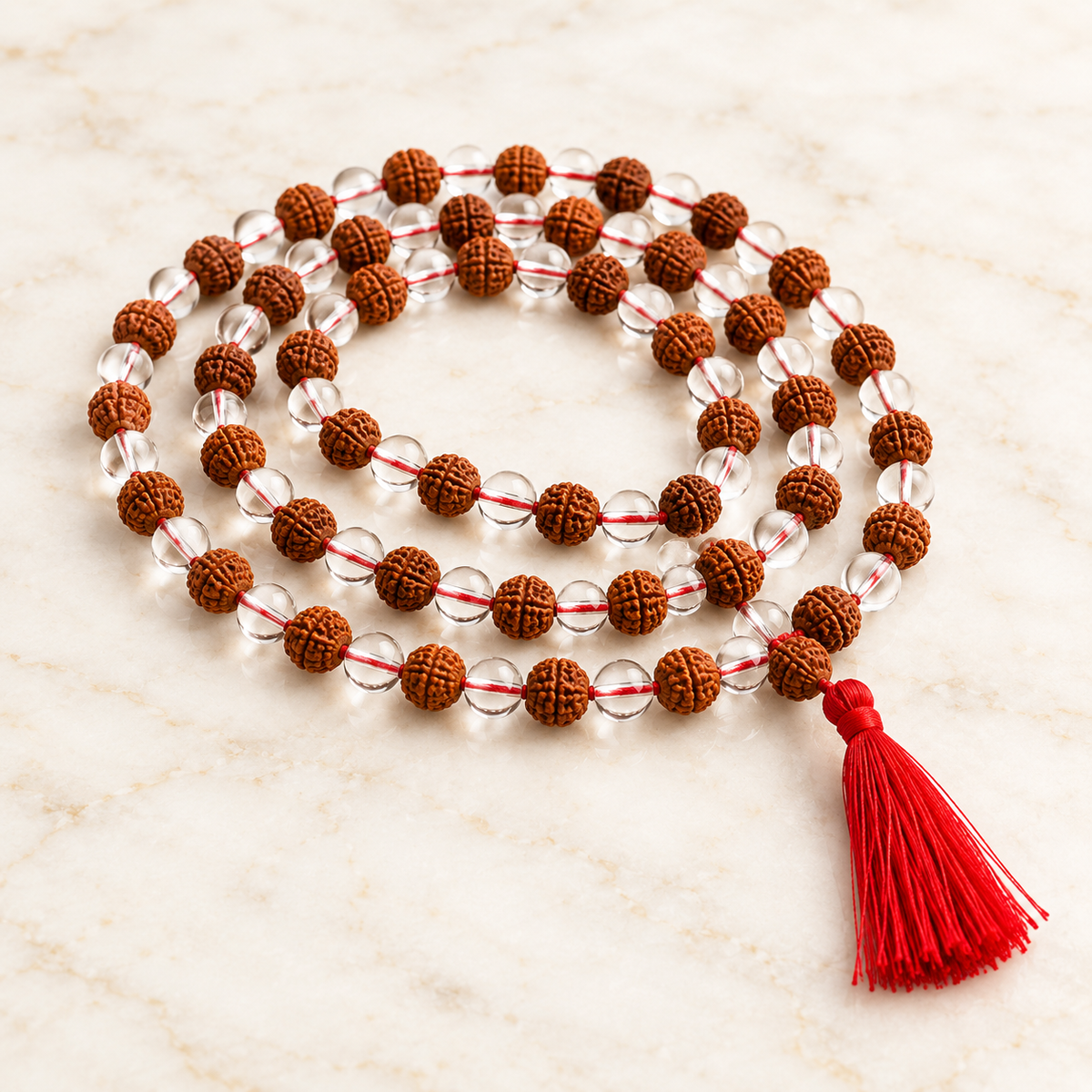 Rudraksh 5 Mukhi Clear Quartz Jaap Mala 8mm