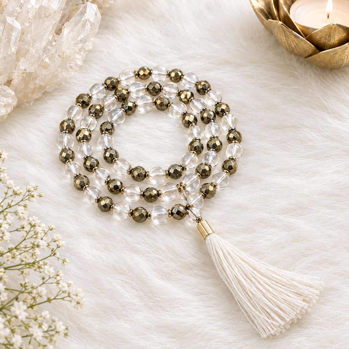 Pyrite Clear Quartz Jaap Mala 8mm